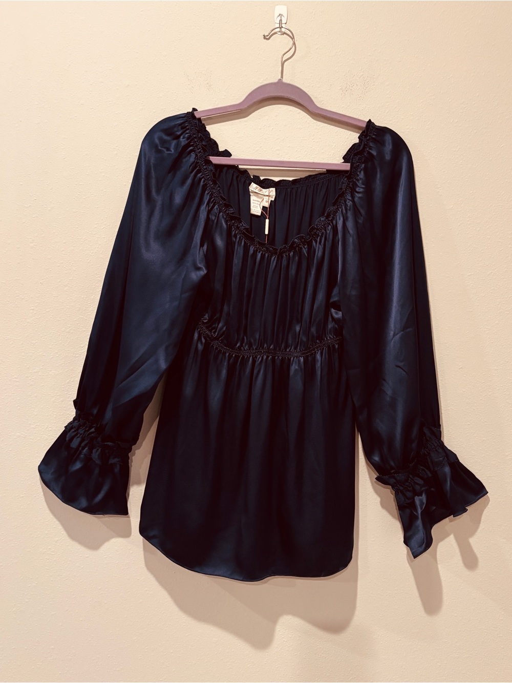 100% Silk Peplum Blouse Puff Sleeve Navy Babydoll Y2K Lightweight Ruffled Cuffs
